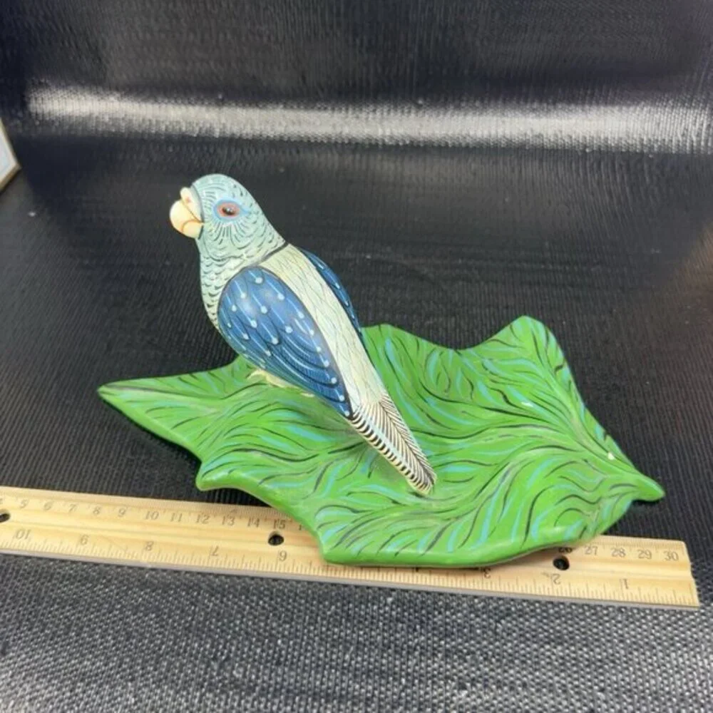 Hand Made Mexican Pottery Parrot Bird On Leaf Tree Sculpture Artist Signed‎ VTG